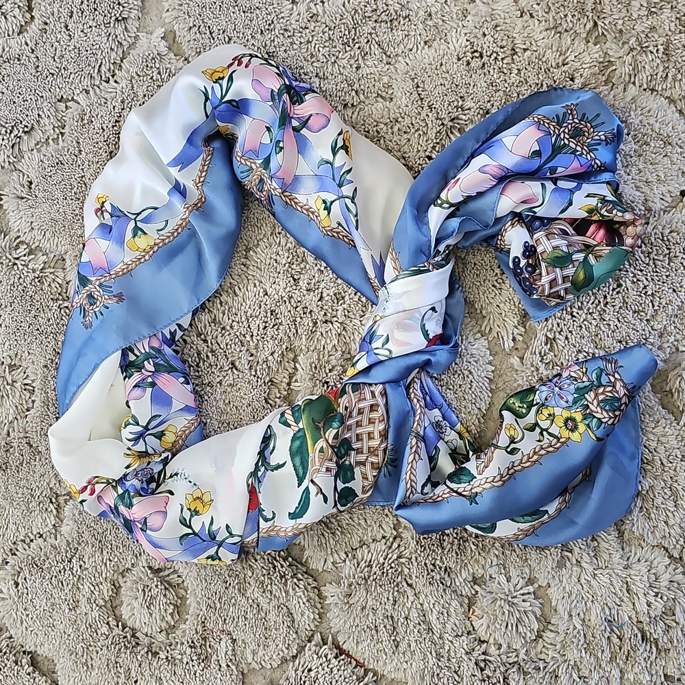 Floral and Butterfly Silk Print Scarf with Blue Border